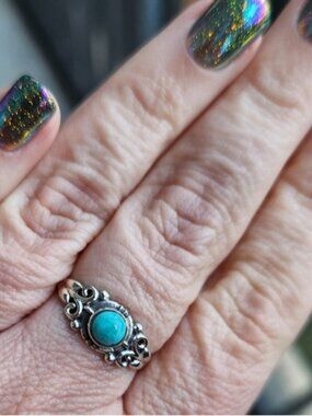 (5 For $25) Sterling Silver 925 Turquoise Scroll Ring Size 8.75 Handmade